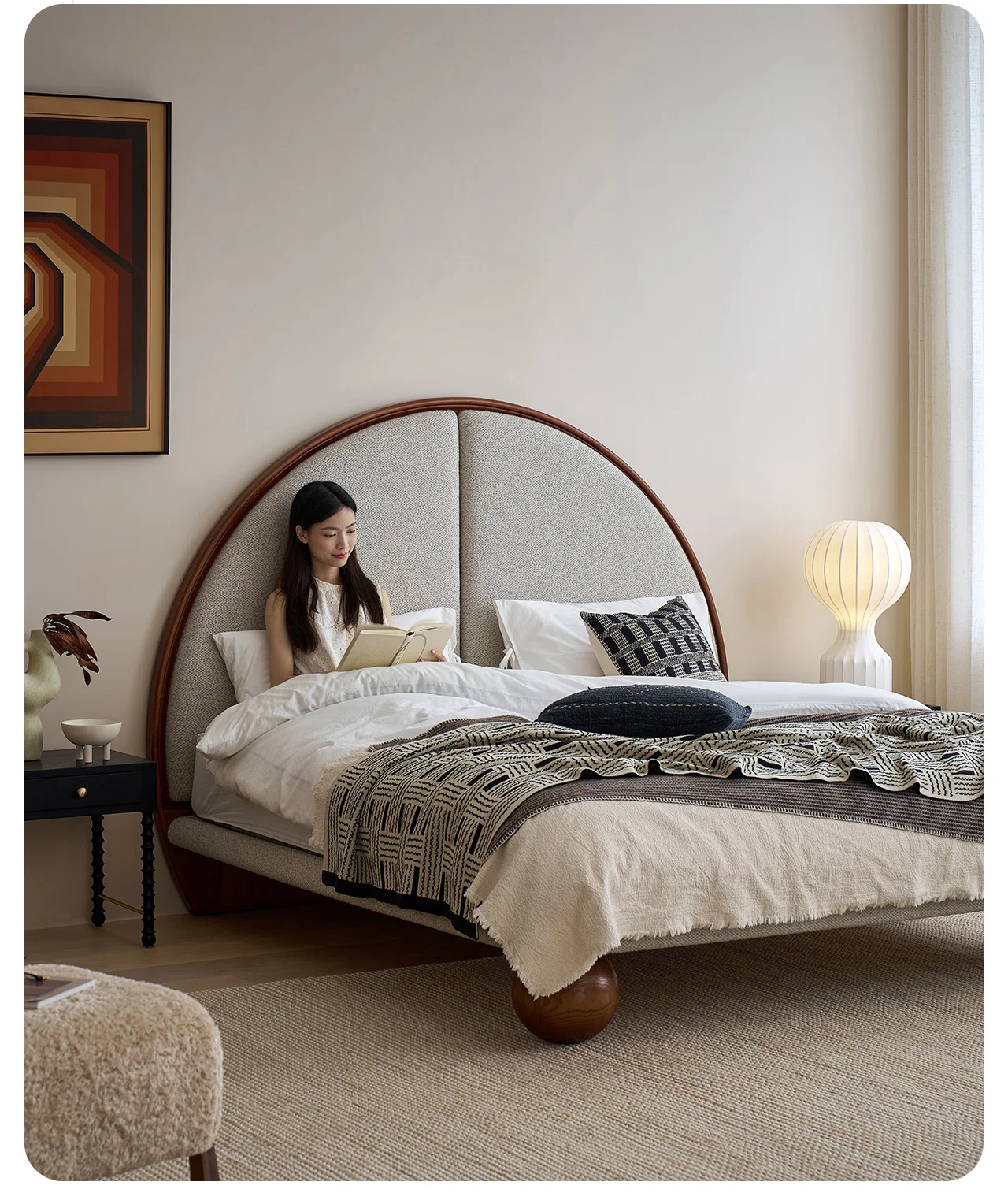 

Modern Bedroom Furniture Walnut Color Solid Wood Frame Upholstered Double Bed