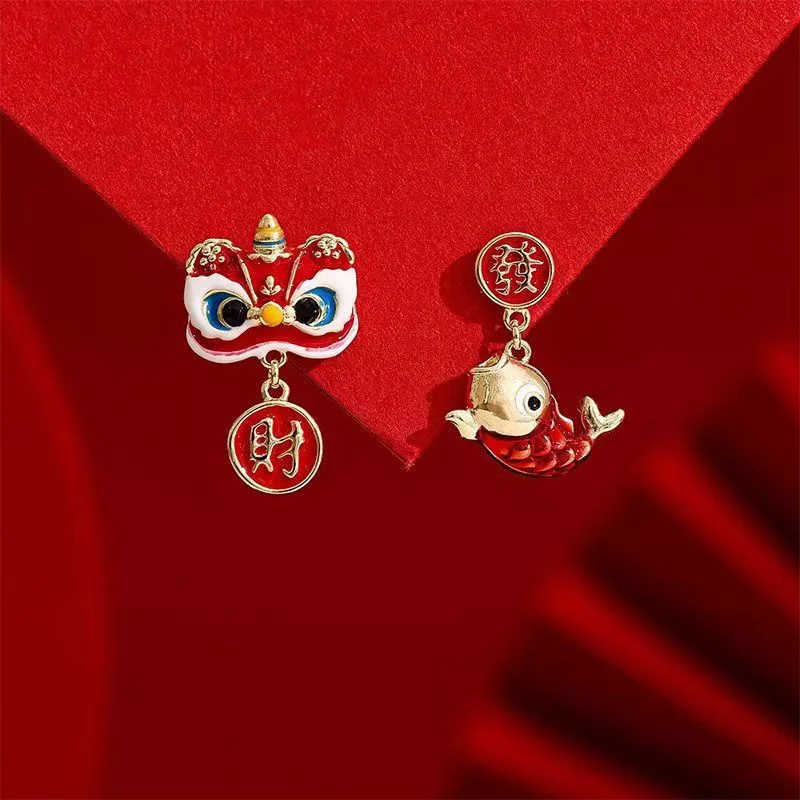 Vintage Red Flocking Lion Dance Lantern Earrings for Women Chinese Style Lucky Koi Lion Shaped Earrings New Year Jewelry Gifts