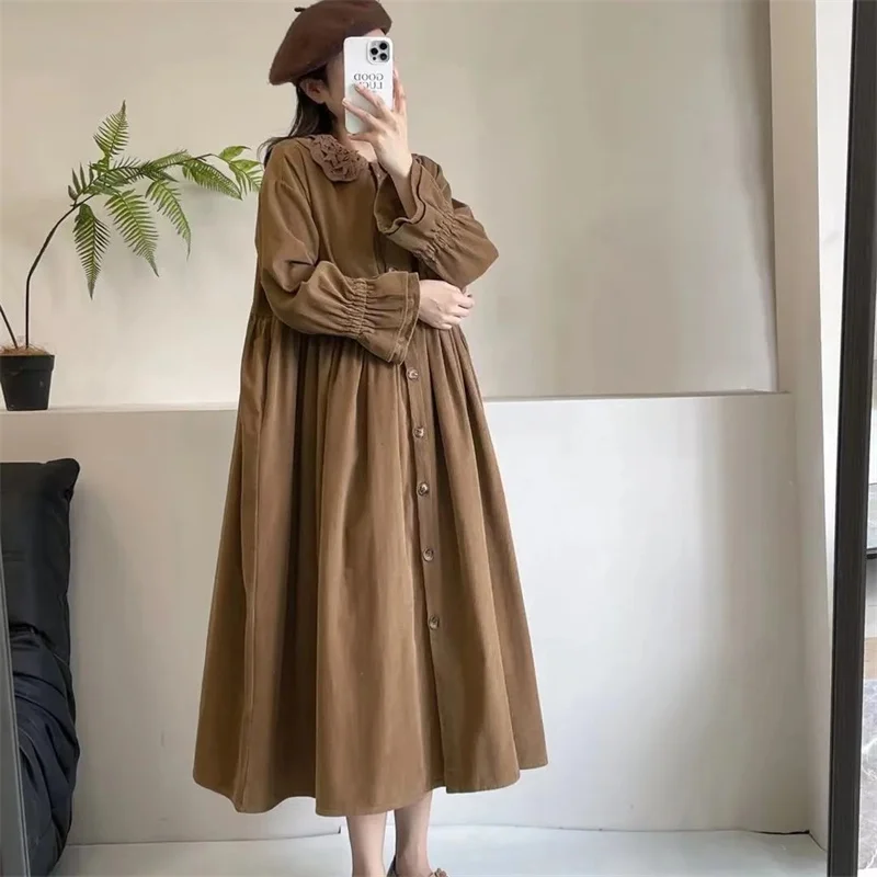 2026 vestido feminino parece bom único breasted vestidos de veludo retro gola dupla camada boneca moda blusão outerwear