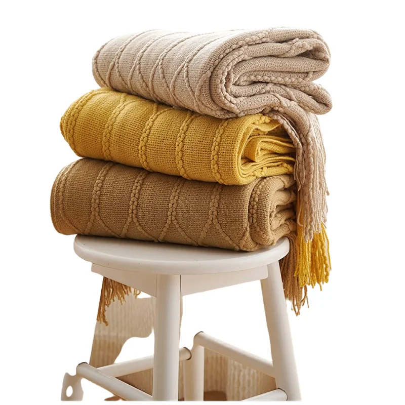 Nordic Oversized Knitted Throw Blanket with Tassels Cozy Sofa Couch Bedspread Khaki Pink Tassel Vintage Luxury Christmas Gift