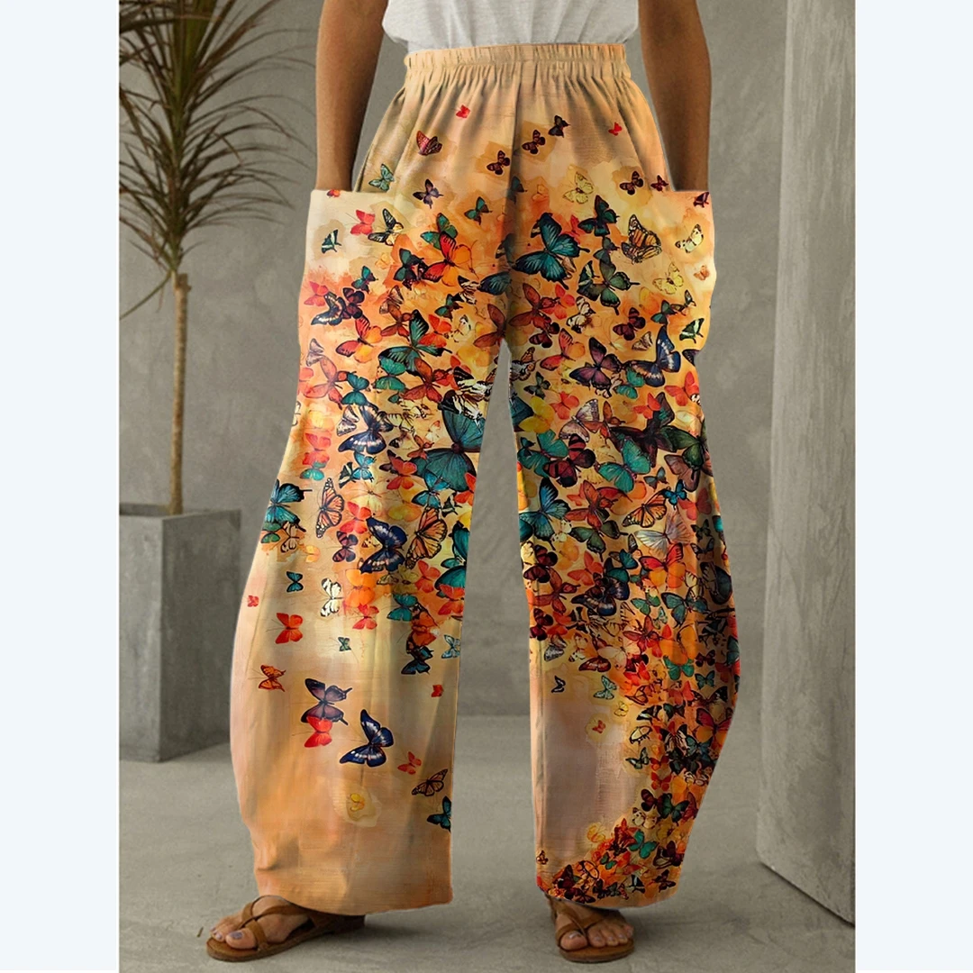 Casual loose pants with butterfly 3D print, Bohemian retro beach outfit, oversized pants, spring/summer