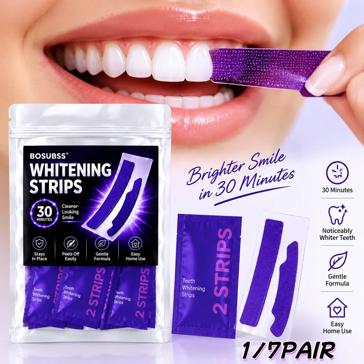1/7Pairs Purple Smile Care Strips, Oral Beauty Teeth Stickers, Gentle Fit Easy Home Use Fresh Smile Routine