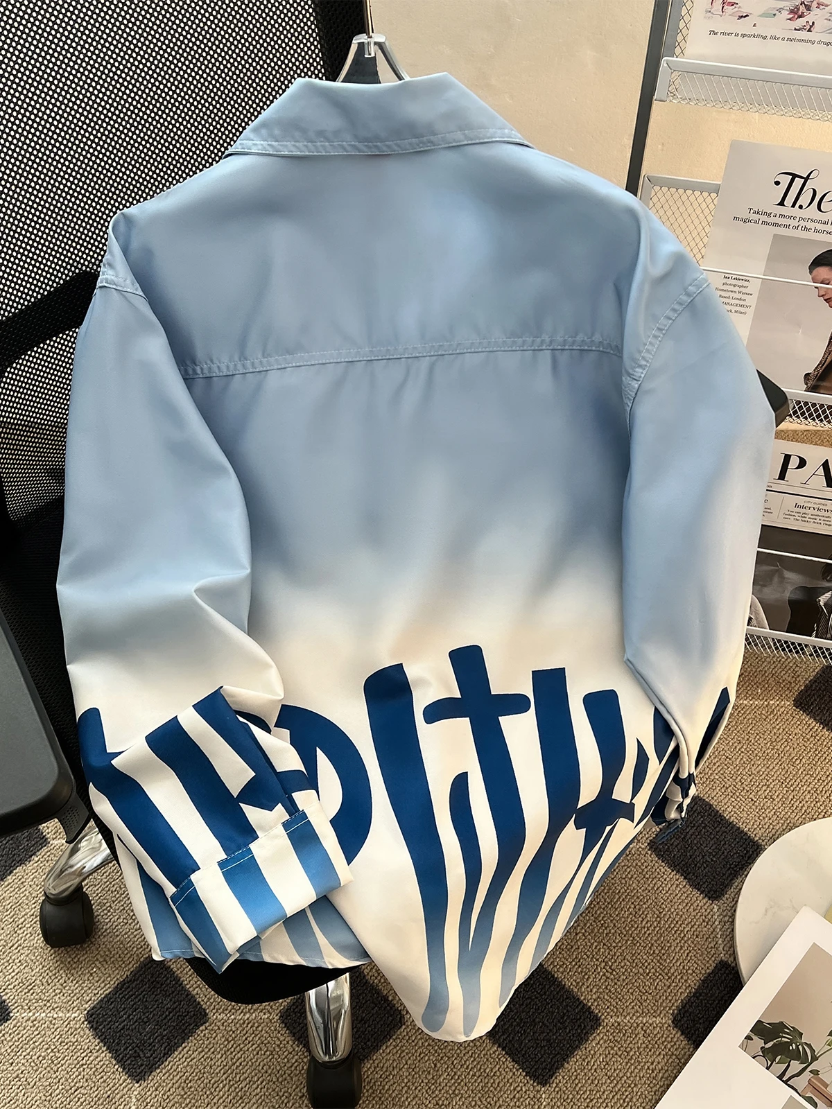 Graduated Color Print Long Sleeve Button up Collar Open Cardigan Shirt for Men Spring Autumn New Style Youth Outerwear Jacket