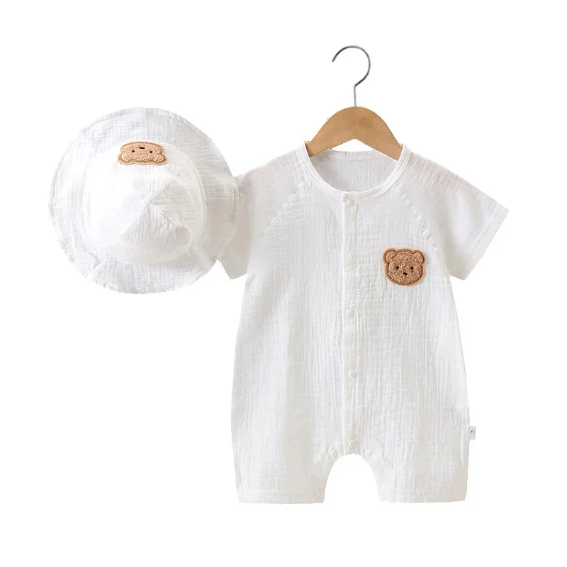 2024 Korean Baby Romper Muslin Short Sleeves Jumpsuit for Girls Boys Cute Bear One-Pieces Clothing Newborn Summer Thin Bodysuits