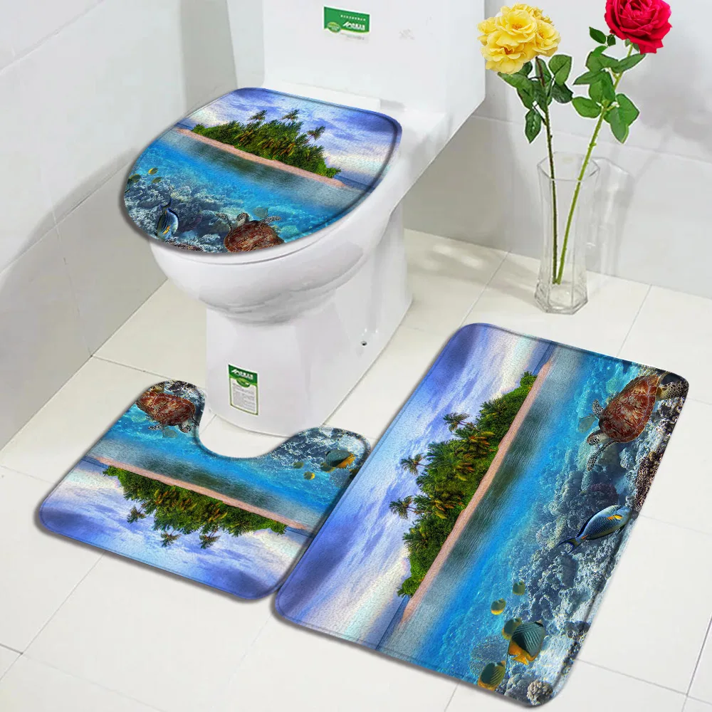 Island Ocean Landscape Bath Mat Set Palm Trees Sea Turtle Fish Dusk Beach Scenery Home Bathroom Decor Floor Rug Toilet Lid Cover