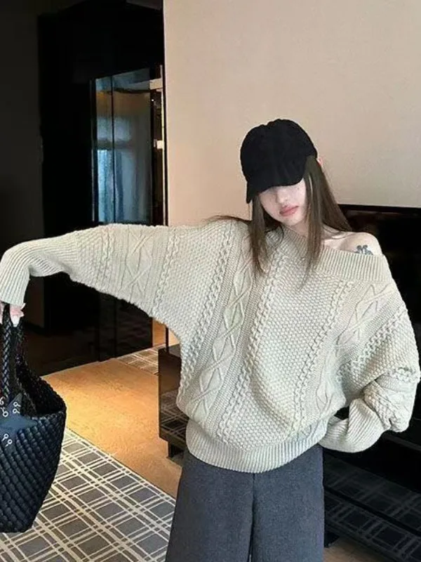 

Женский вязаный свитер с длинными рукавами и узором на плечах, повседневный свободный крой, осенний топ, простой, элегантный, надеваемый через голову