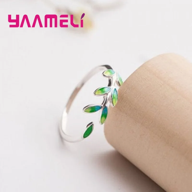 Retro 925 Sterling Silver Green Leaves Adjustable Best Friend Rings For Women Girls Party Fashion Jewelry Wholesale