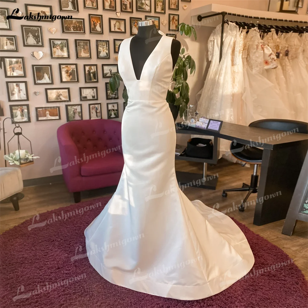 Lakshmigown incredibile abito da sposa a sirena in raso con scollo a V profondo senza maniche con fiocco unico Backless abiti da sposa muslimatex