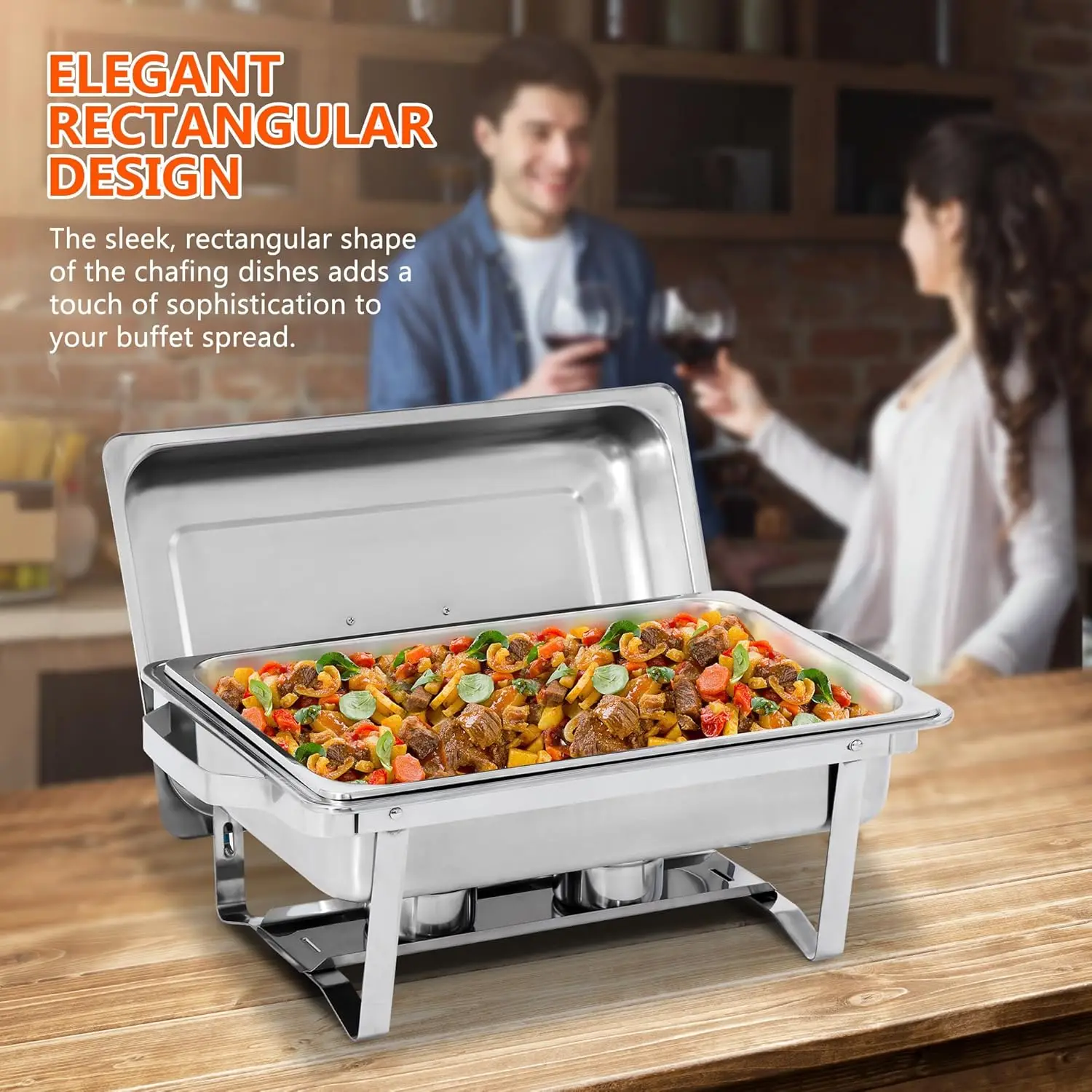 SUPER DEAL Newest 6 Pack 8QT Food Warmer, Rectangular Chafing Dish Buffet Set w/Foldable Frame Legs, Stainless Steel Full Size