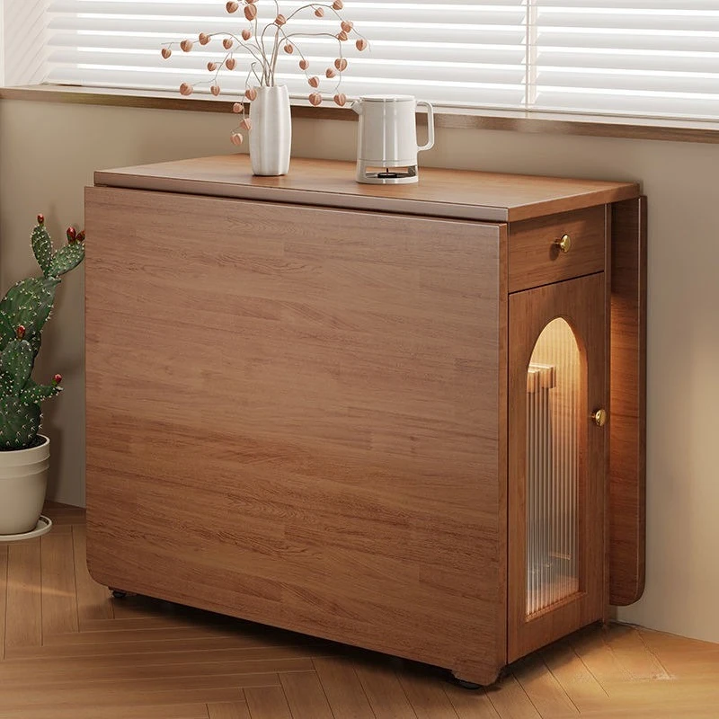 Volledig massief houten klein appartement met wielen, uitschuifbare eettafel met mobiele opbergruimte, opklapbaar, modern en eenvoudig