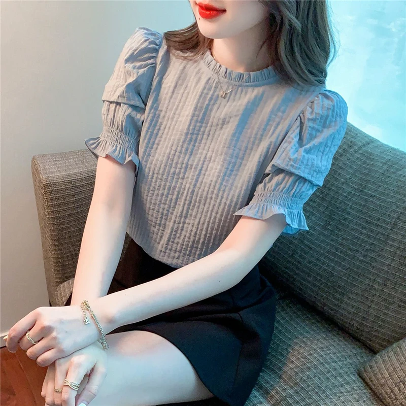 Women Clothes Ruffled White Sweet Elegant Blouse Summer Trendy Casual Short Sleeve Slim Street Shirts Chic Pullover Chiffon Tops