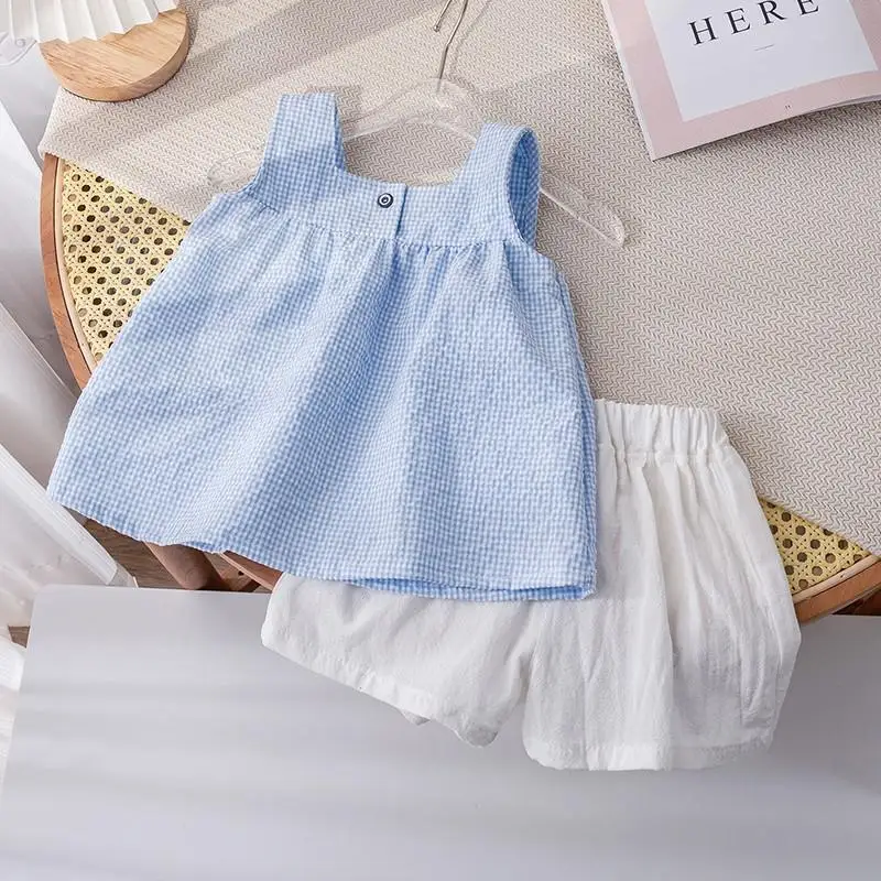2026 Summer Dress New Baby Girl Checkered Tank Top+Shorts Set, Small Girl Stylish Two Piece Set