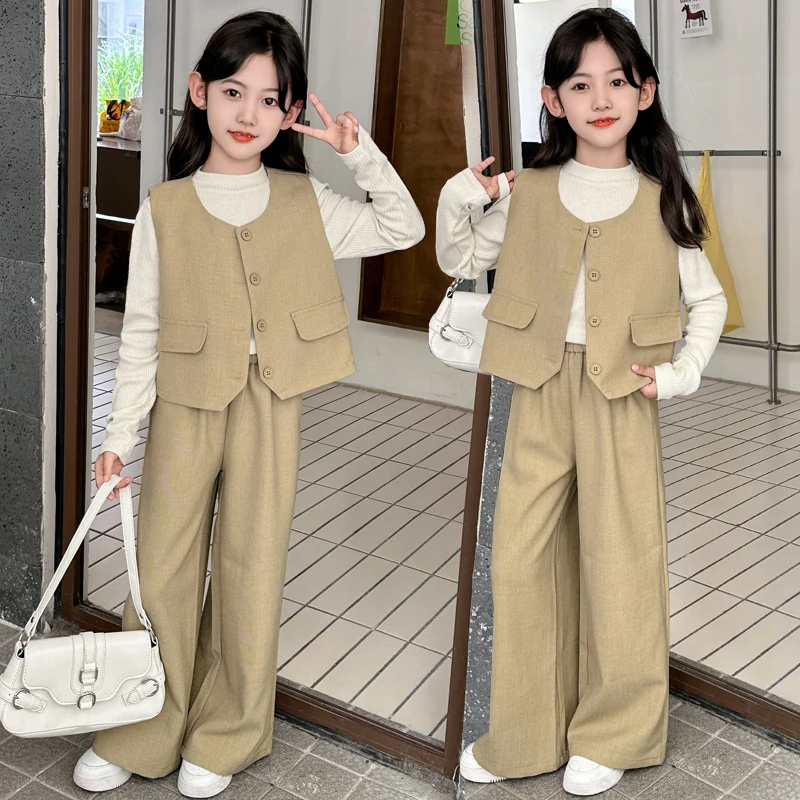 french 4-14 teenage girls clothes set Suit vest+white cotton t-shirt+wide leg pants 3pcs juniot kid suit child outfits conjuntos