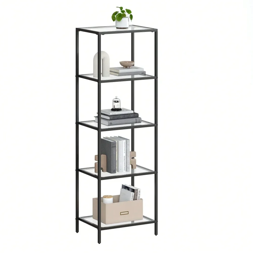 Bookcase, 5Tier Bookshelf, Slim Shelving Unit For Bedroom, Bathroom, Home Office, Tempered Glass, Steel Frame