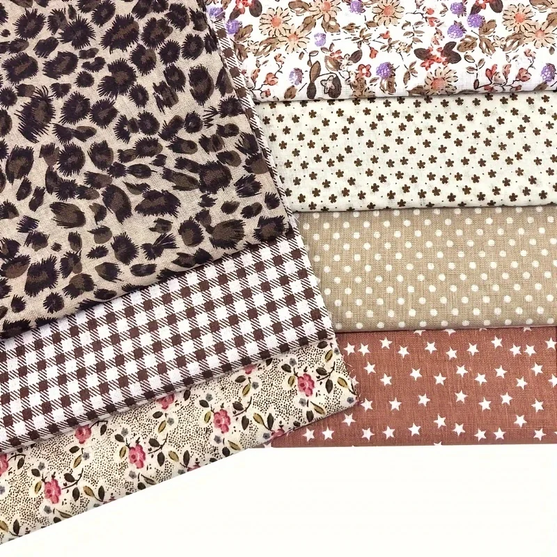 7 pcs of coffee vintage series floral cotton fabric quilted patchwork, suitable for DIY sewing, collage, manual sewing and other