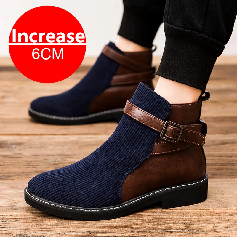 Retro Men Elevator Shoes Middle-top Boots 6CM Invisible Inner Increase Shoes Men's Height Increasing Shoes New Leather Men Boots