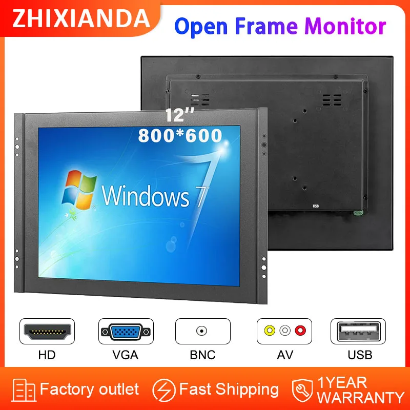 

Zhixianda 12-дюймовый промышленный дисплей 800*600 4:3 сенсорный экран монитор с открытой рамкой и VGA HDMI BNC AV USB