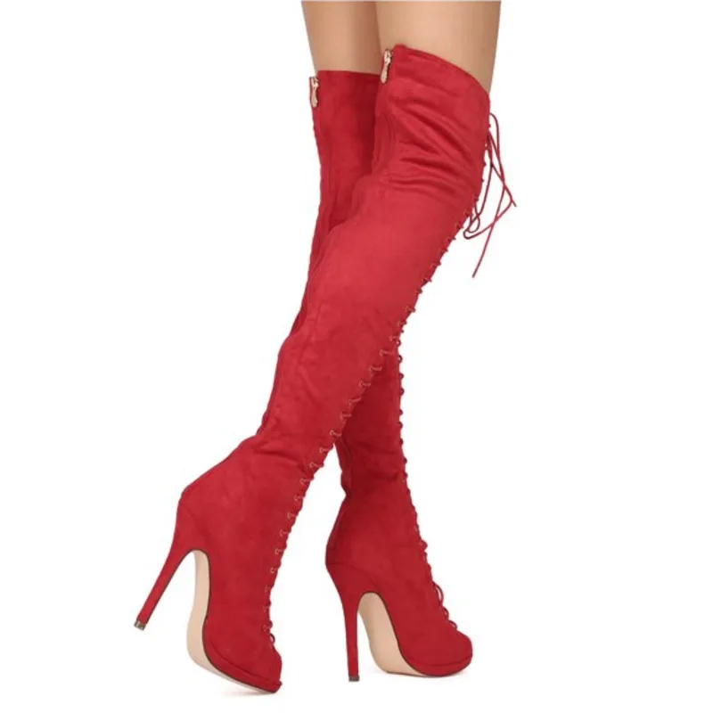 Faux Suede Peep Toe Lace Up Thigh High Boot Stiletto Heels Cross-tied  Over The Knee Boots Cool Boots