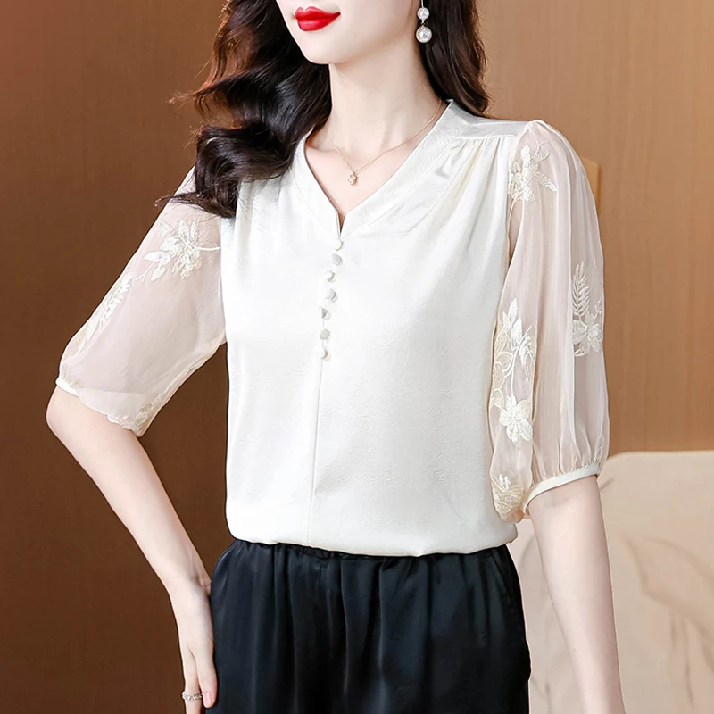

2025 Women Summer Style Blouses Solid Elegant Shirts Tops Lady Casual Embroidery Half Lace Sleeve Blusas Tops