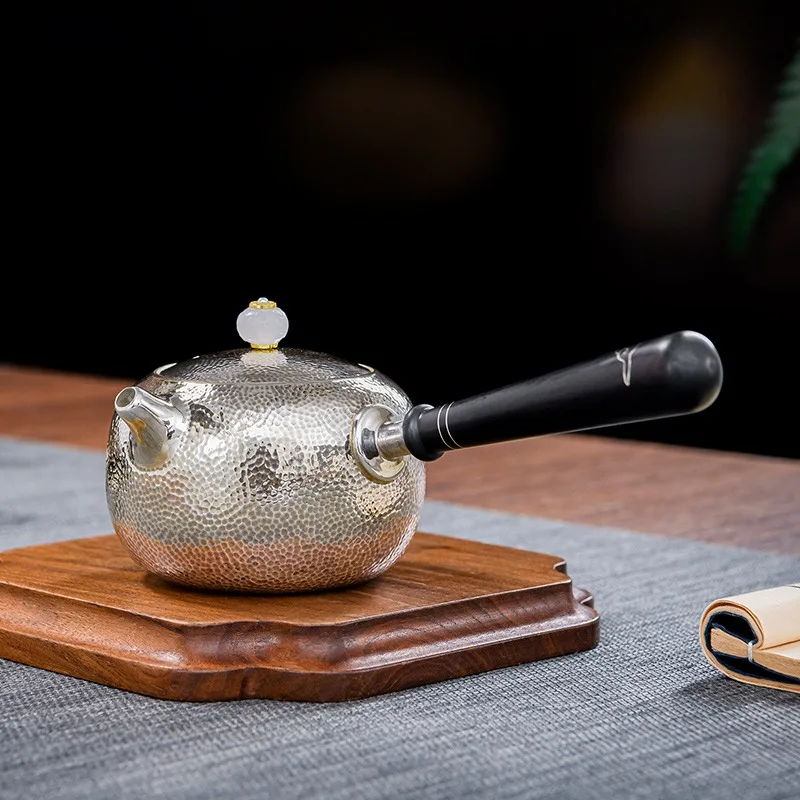 Side handle silver teapot, pure silver 99.9%, handcrafted Xiangyun gold-plated tea set, brewing teapot