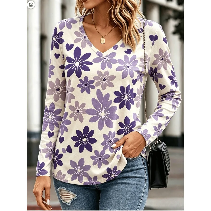 Women'S Casual Fashion Long Sleeve T Shirt V Neck Breathable All Over Abstract Painting Gradient Tie Dye Floral Plant Vine Leave