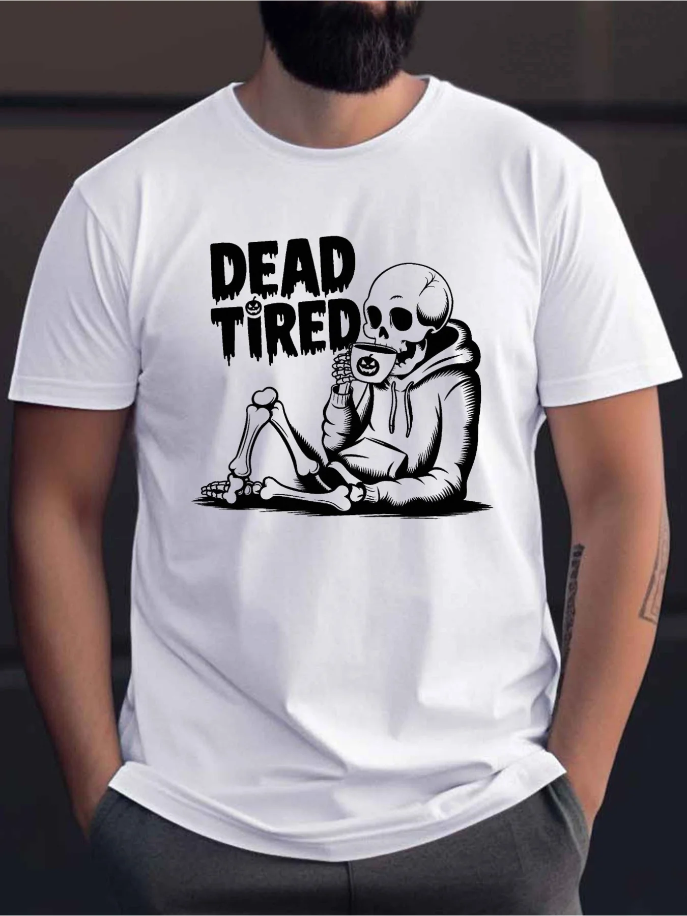 Dead Tired Men'S Casual Crew Neck Short Sleeve T-Shirt | Plus Size, Geometric-Pattern, Alphabets, Slight Stretch Fabric, All-Sea