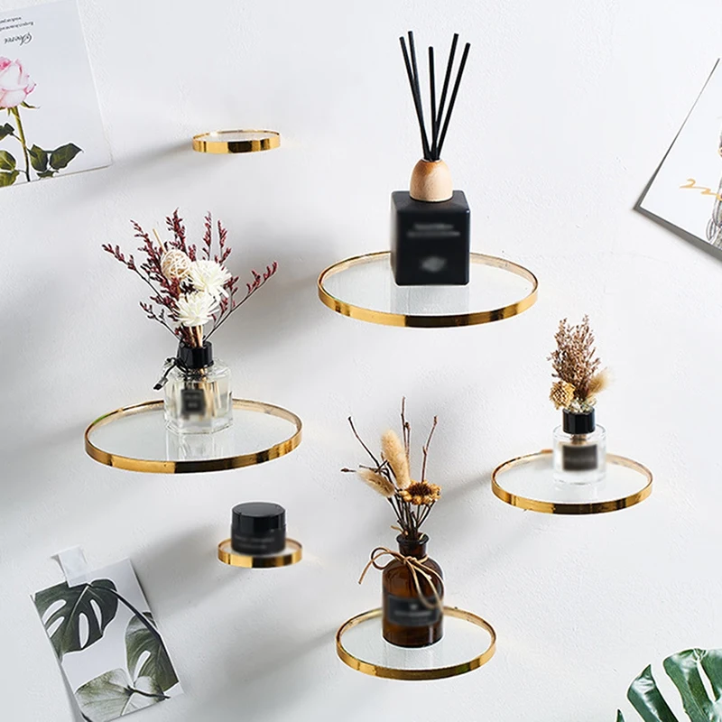 Round Wall Hanging Iron & Glass Crafts Gold Shelf Light Luxury Ornaments Modern Style Home Decor Accessories Wall Holders Decor