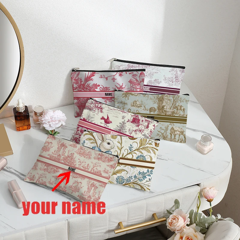 Customized French Toile De Jouy with Bird Red Pattern Makeup Cosmetic Bag Personalized Wedding Purse Bridesmaid Gifts Pouch