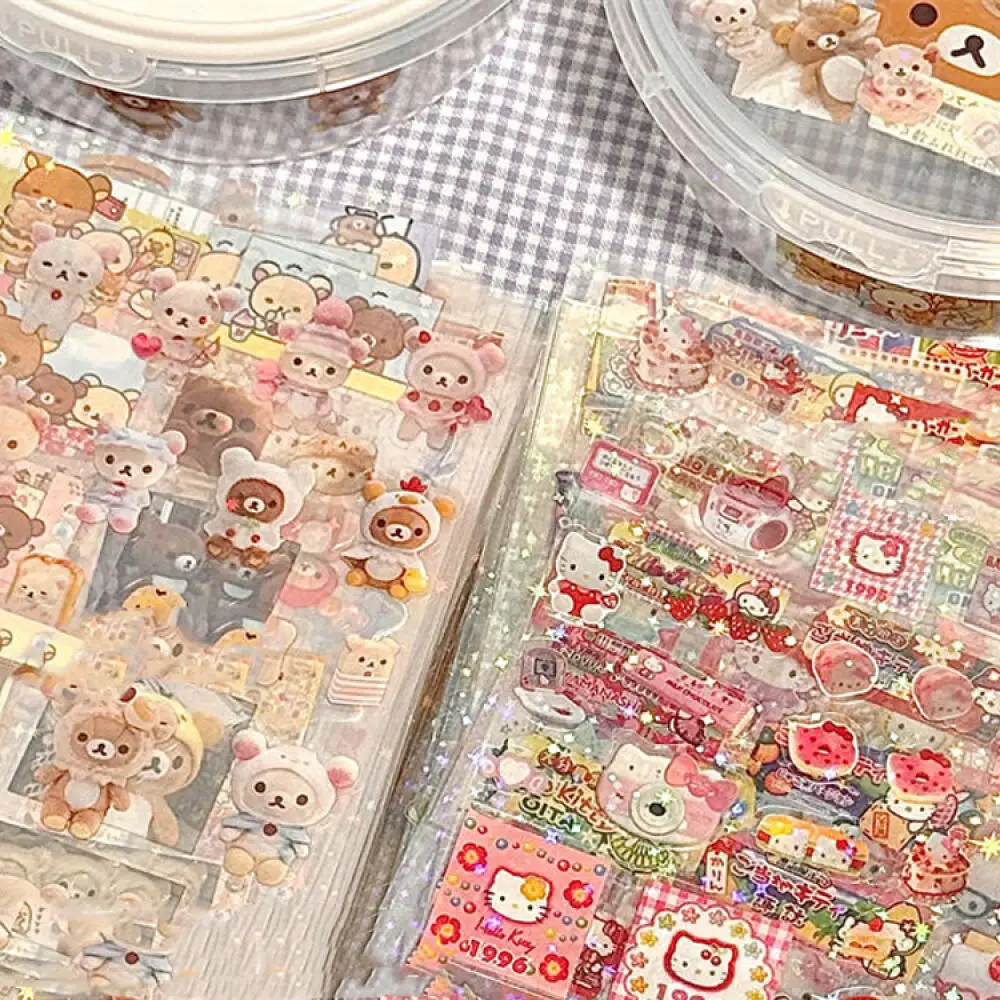 5pcs Hello Kitty Rilakkuma Cartoon Die-cutting Sticker Cute Kitty Cat Flashing Laser Stickers Anime Handbooks Material Stickers