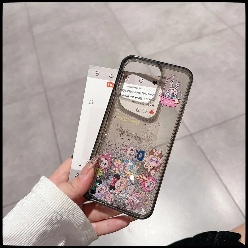 Cute Cartoon Labubu Bling Glitter Quicksand Transparent Phone Case For iPhone 16 15 14 13 12 11 Pro Max Shockproof TPU Cover