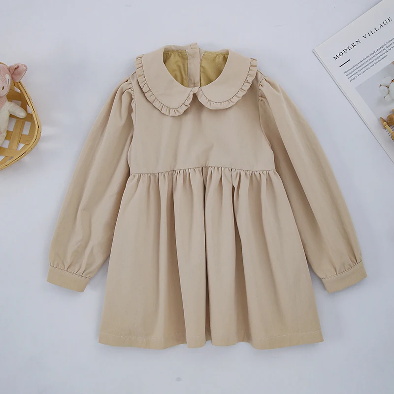 100% Cotton Girls Doll Collar Long-Sleeved Dress 2023 Autumn New Retro Children\'s Clothing Loose Baby Princess Dresses