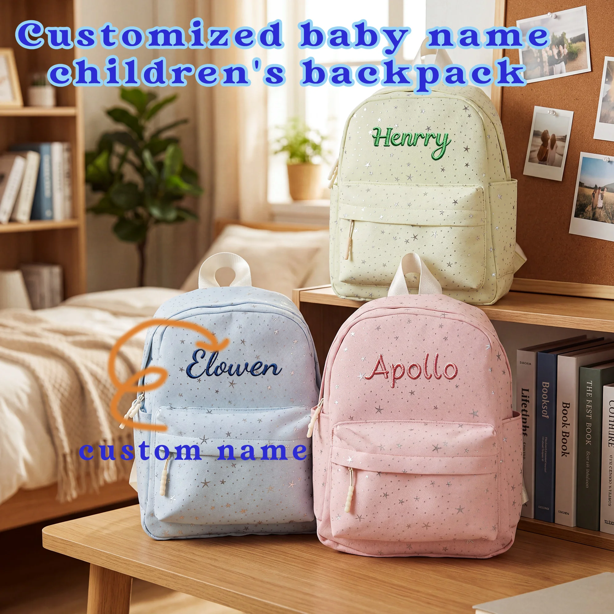 1pc Personalized Kids Backpack Custom Name Embroidery Silver Star Print Toddler School Bag Boys Girls Daycare Travel Baby Gift