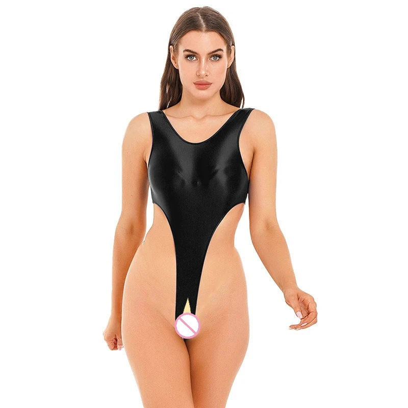 

Women's Shapewear Skinny Open Gear Underwear Swimsuit Transparent Oil Shiny Swimsuit High Forked Onesie Halter High Hips