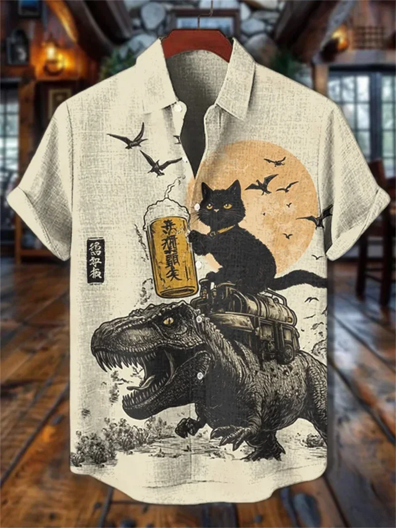 Camisa hawaiana para hombre, estilo veraniego, estampado de dinosaurio, gato negro y cerveza, estilo japonés, manga corta, varios estilos a elegir