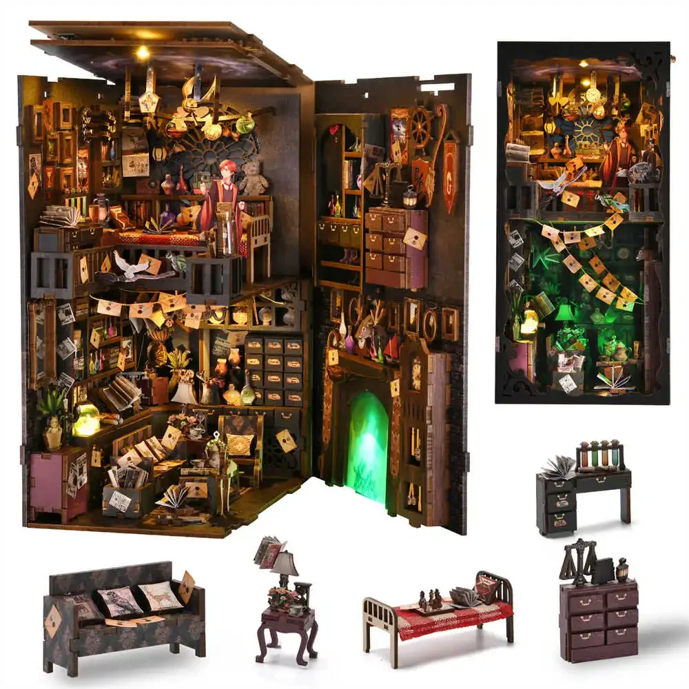 Magic Home 3D Wooden Puzzle Miniatures: Handmade Dollhouse with Lightweight Building Model and Book Corner Kit