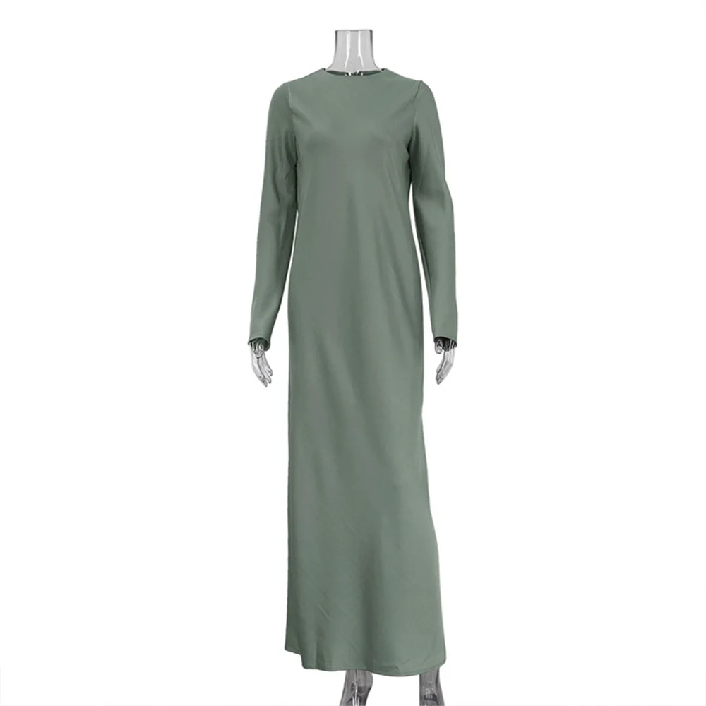 Loose Black Satin Midi Dress for Women Fashion Green O-Neck Long Sleeve Straight Split Ankle Length Dresses Street Clothes
