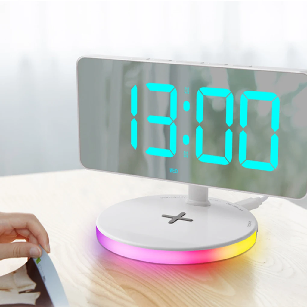 RGB Night Light Base, Day and Night Mode, Display Time Week with 2 Alarm, Wireless Charge Clock for External Cellphone