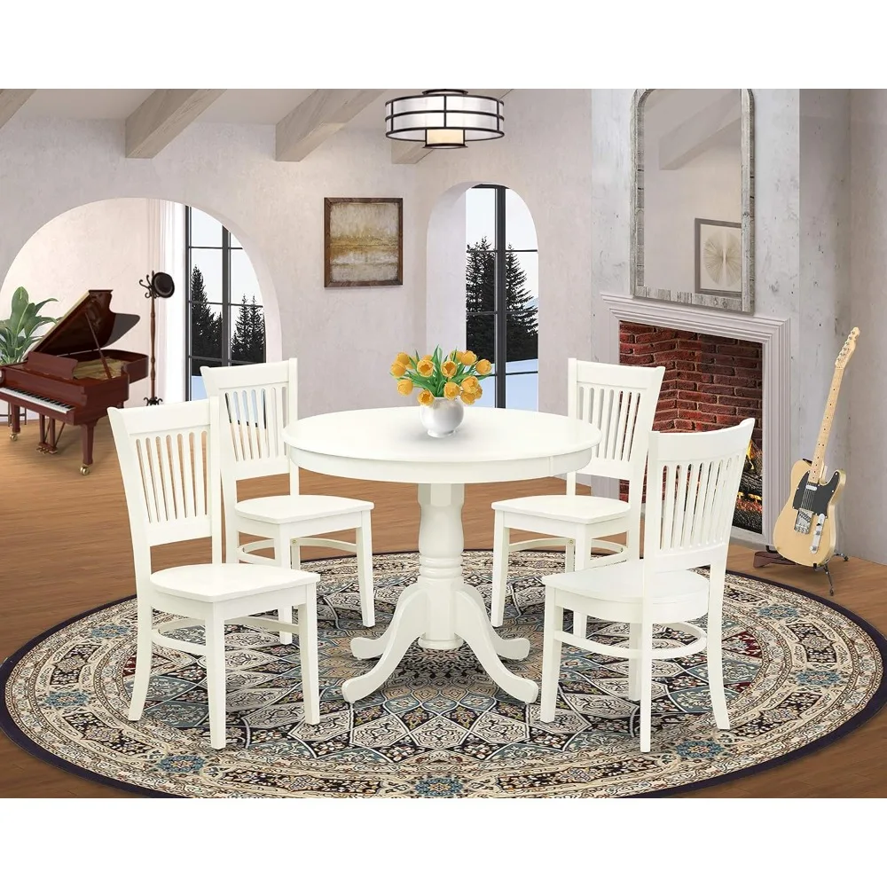 ANVA5-LWH-W 5-Piece Kitchen Table Set consisting of a round dining table with pedestal and 4 solid wood seats, linen white