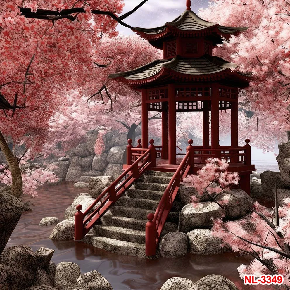 Japanese Style Photographic Backdrops Pink Cherry Blossom Tree Sakura Mount Fuji Traditional Attic Room Decoration Backgrounds