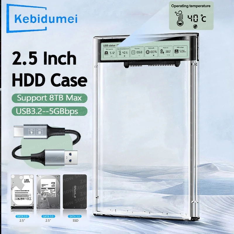 2.5'' HDD SSD Case Smart Display External HDD Shell USB3.2 Gen2 Enclosure Hard Drive Clear Portable Storage Case for Laptop PC
