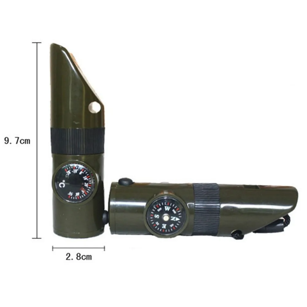 صفارة نجاة الغابة 7 في 1 للمشي لمسافات طويلة، بوصلة، مرآة، مصباح يدوي، عدسة مكبرة، ضوء LED، أداة بوصلة تخزين ميزان الحرارة #6