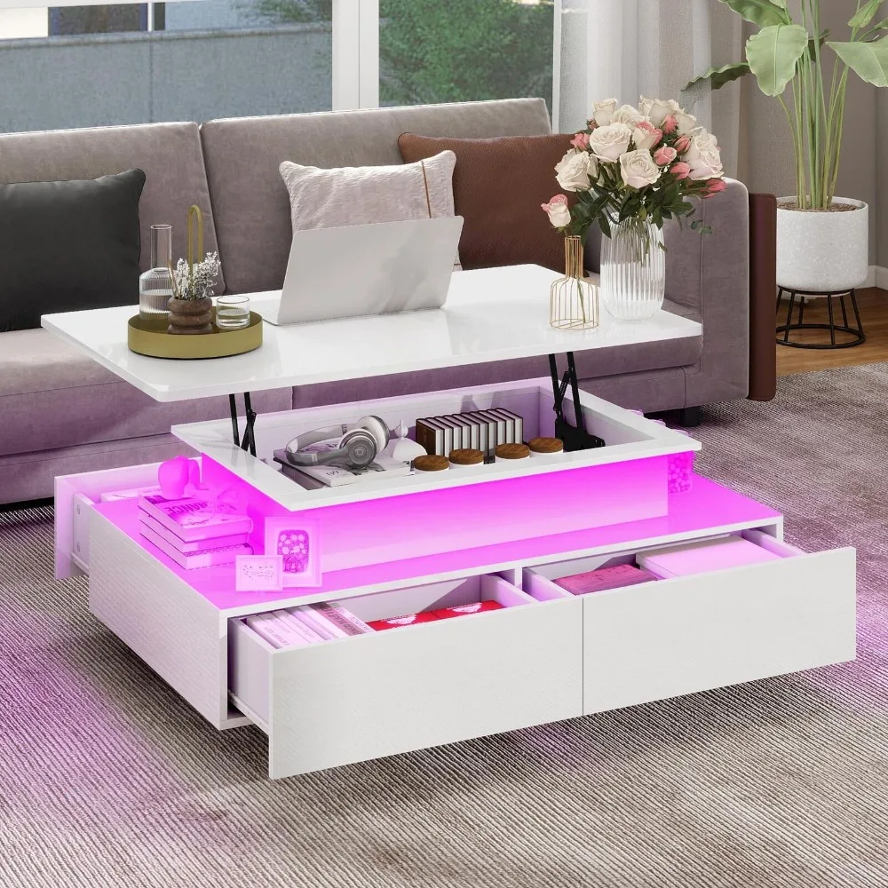 Table basse relevable à haute brillance avec lumières LED et table de cocktail à 4 tiroirs