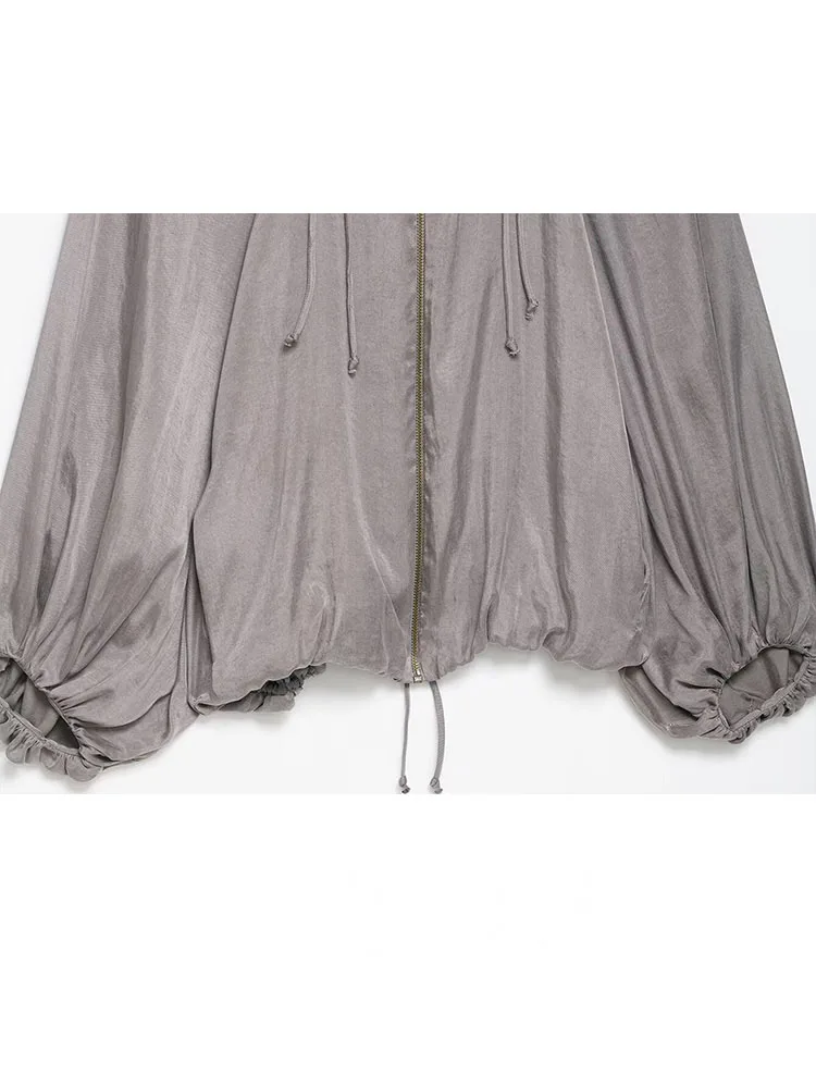 HH Chaqueta de piloto ajustada de manga larga con cremallera y solapa con cordón para mujer + pantalones con bolsillos textura satinada conjunto elegante de 2 piezas de verano sólido