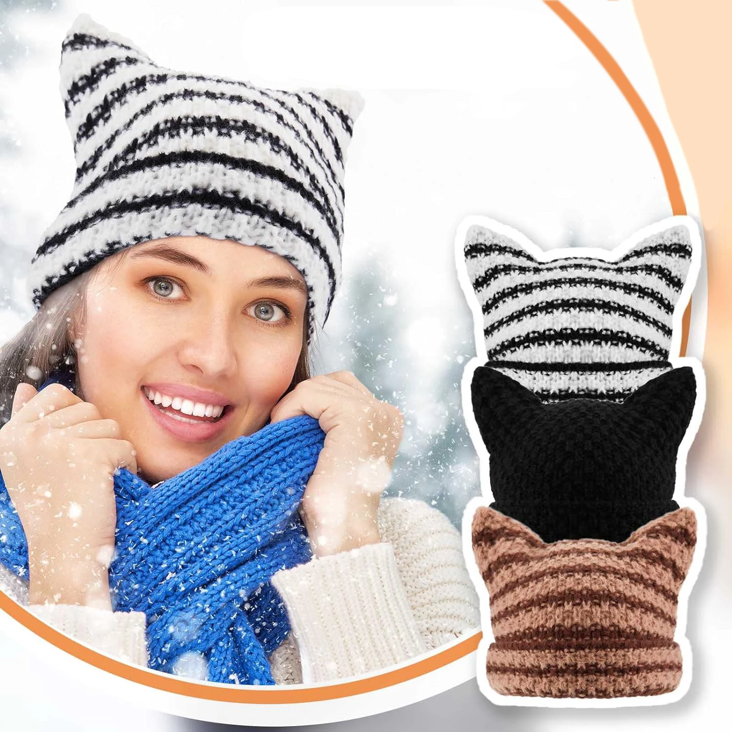 Crochet Hats for Women Cat Beanie Vintage Beanies Women Fox Hat Knitted Stripe  Accessories Slouchy Beanies for Women