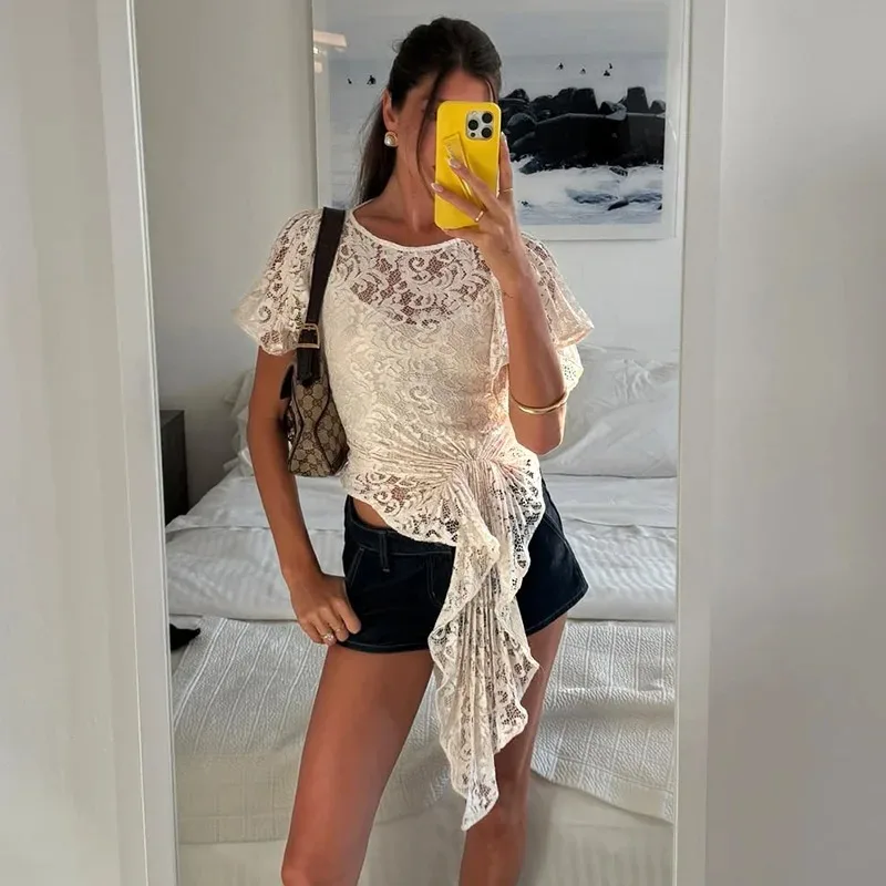 

Tuularose Women Lace T-Shirt Fashion Sexy Hollow Out See Through Lace Patchwork Bandage White T-Shirt Top Chic Streetwear Tops