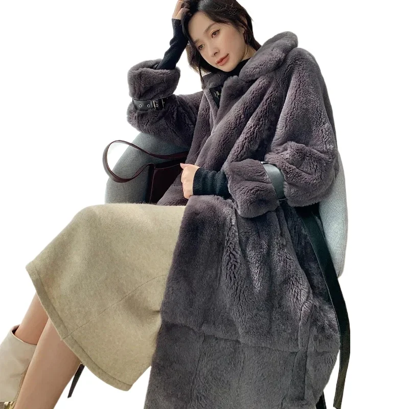 High Quality Real Rex Rabbit Fur Female Jacket Autumn Winter Long Oversized Women's Coats Warm Women's Clothing Casacos Zjt1670
