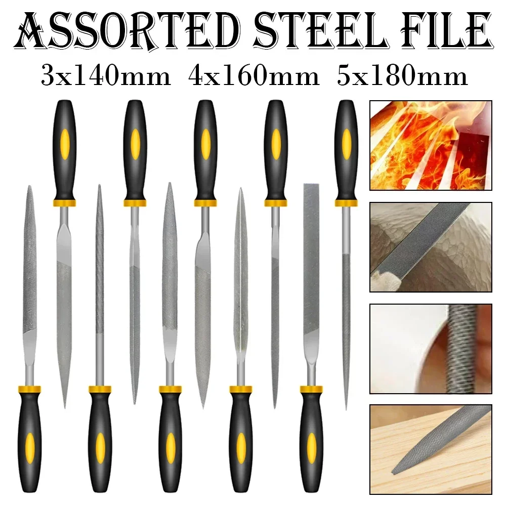 10Pcs Needle File Set Bearing Steel, Precision Polishing Grinding Deburring Files with Ergonomic Handles 3x140/4x160/5x180mm