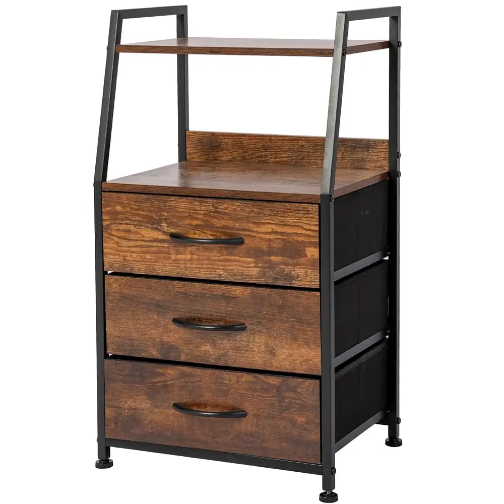 

Night Stand With 3 Drawer And 2-Tier Open Shelf,Space Saving Bedside Dressers For Bedroom, Skinny Nightstand With Fabric Bins