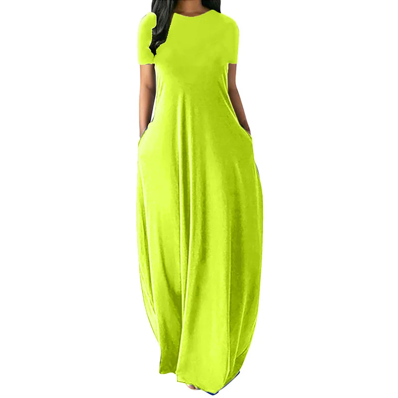 S-5XL Solid Color Oversize O-Neck Pockets Long Dress Casual Short Sleeve High Waist Women Summer Party Daily Travel Maxi Wear