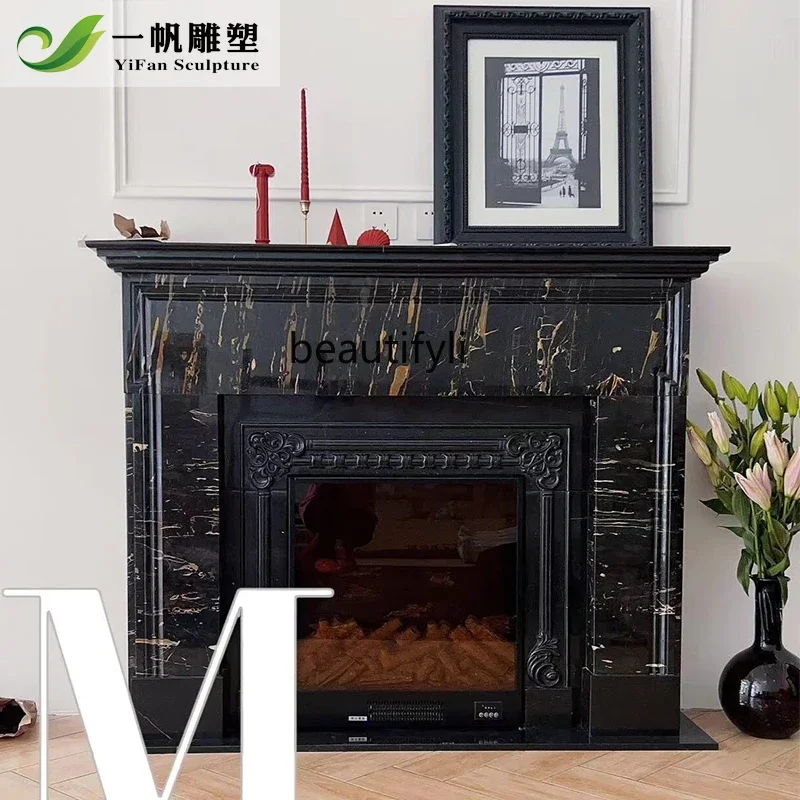 A95 Marble fireplace French fireplace black gold flower black stone retro simple American fireplace